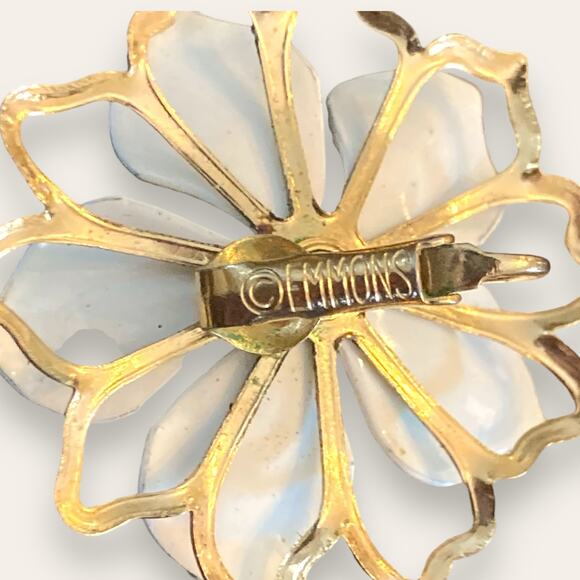 Emmons Signed White Enamel and Gold Tone Accented Flower Clip on Earring - Picture 5 of 5